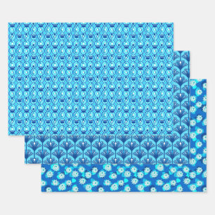 Feuille De Papier Cadeau Art Déco Lotus Motif, Turquoise et Bleu Cobalt