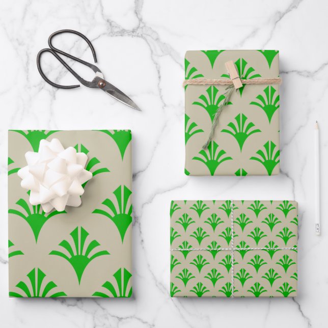 Feuille De Papier Cadeau Art Déco Motif 02 - Vert chaux foncé sur blanc cas (Recto)