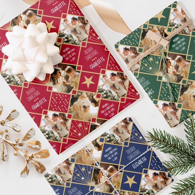 Feuille De Papier Cadeau Art Déco Noël Personnalisé Photos Rouge Vert Bleu  (Créateur téléchargé)