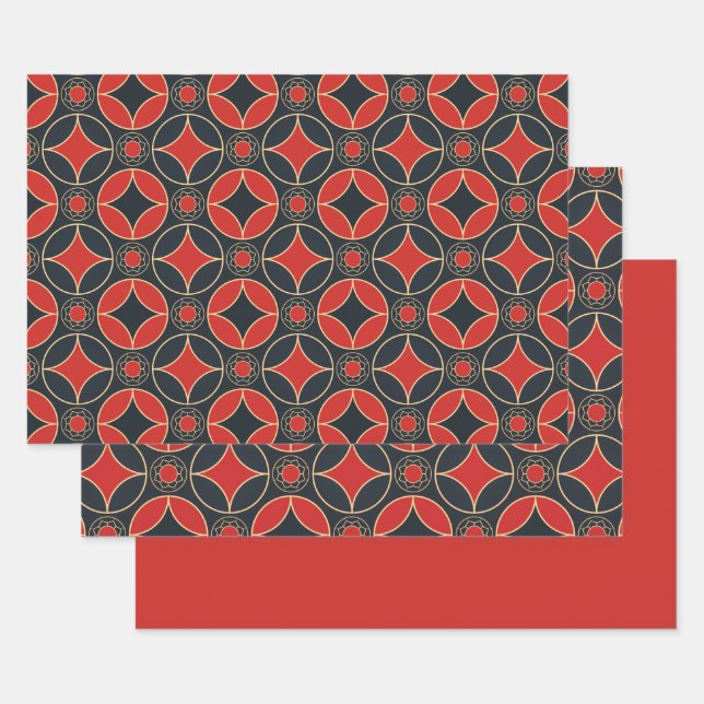 Feuille De Papier Cadeau art deco stars in red and black  (Lot)