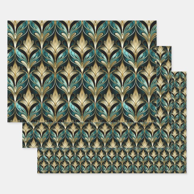 Feuille De Papier Cadeau Art Deco Teal & Gold Fan Pattern Wrapping Paper (Lot)