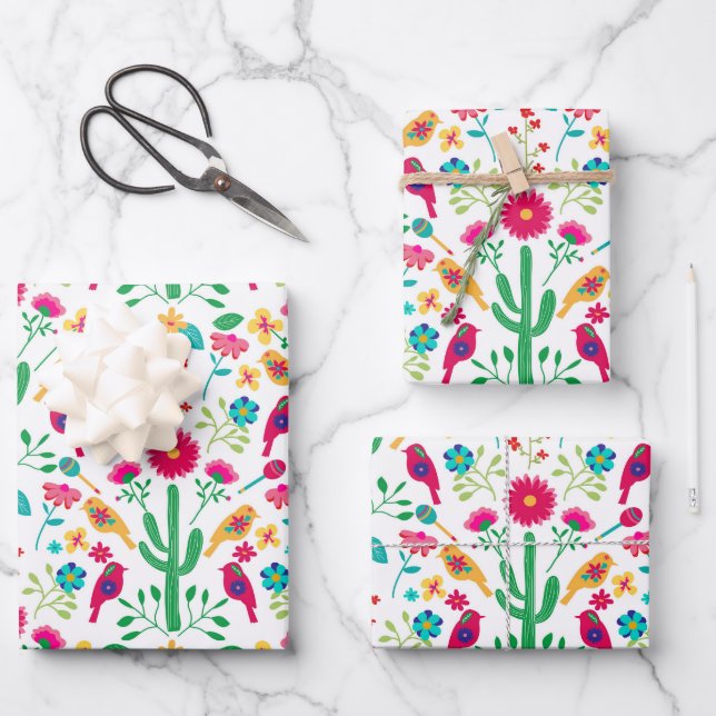 Feuille De Papier Cadeau Art floral traditionnel mexicain Couleurs vives (Recto)