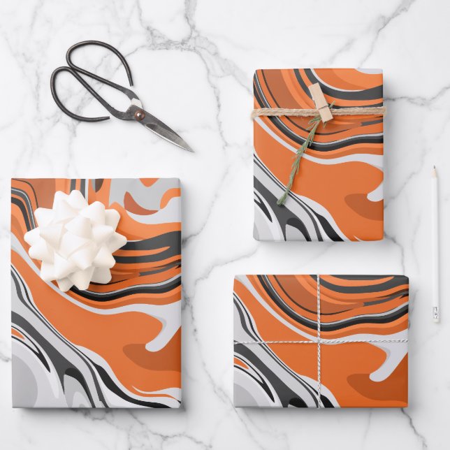 Feuille De Papier Cadeau Art fluide abstrait orange et noir (Recto)