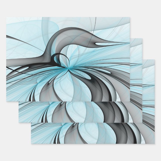 Feuille De Papier Cadeau Art fractal moderne gris anthracite abstrait bleu (Lot)