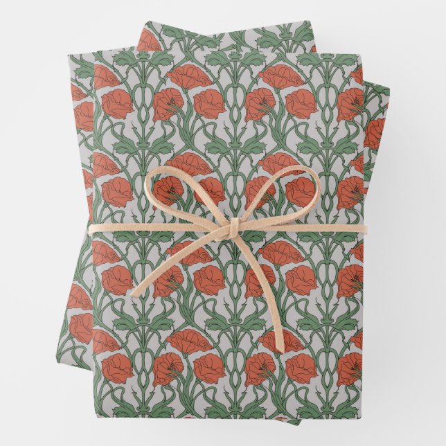 Feuille De Papier Cadeau Art Nouveau Floral Green Red Poppy (En situation)