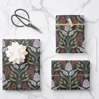 Feuille De Papier Cadeau Art Nouveau Floral Noir Rouge Vert Gris