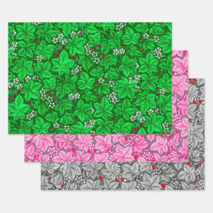 Feuille De Papier Cadeau Art Nouveau Fraises & Feuilles, Vert Rose Gris