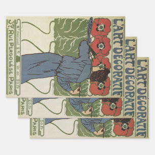 Feuille De Papier Cadeau Art Nouveau vintage, Artiste Peignant des Pavots