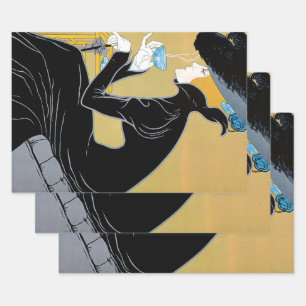 Feuille De Papier Cadeau Art Nouveau vintage, Dame trinkt Marco Polo Tee