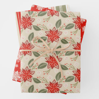 Feuille De Papier Cadeau Art populaire Floral Poinsettia Set de 3