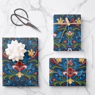 Feuille De Papier Cadeau Art populaire scandinave Bleu Rouge Motif floral