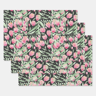 Feuille De Papier Cadeau Artsy rose Tulips Noir Floral Aquarelle