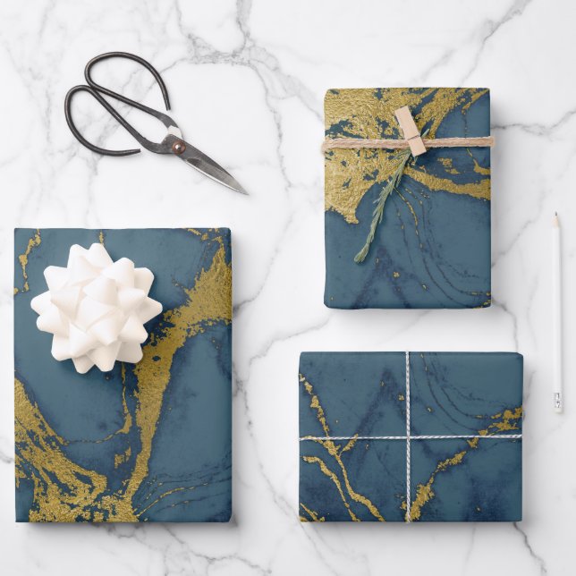 Feuille De Papier Cadeau Aspect marbre bleu foncé et or (Recto)