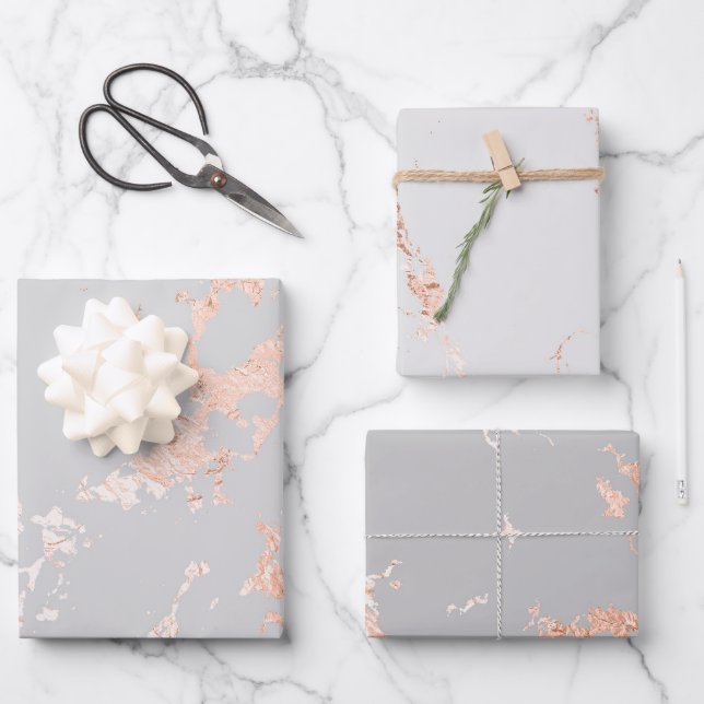 Feuille De Papier Cadeau Aspect marbre or gris et rose (Recto)