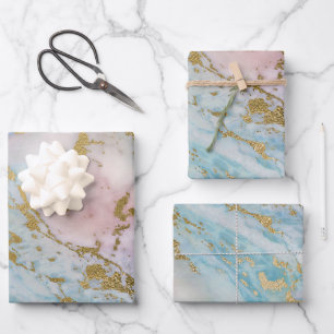 Feuille De Papier Cadeau Aspect marbre rose, bleu et or