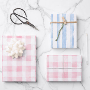 Feuille De Papier Cadeau Assez Rose Bleu Blanc Carreaux Rayures Enterrement
