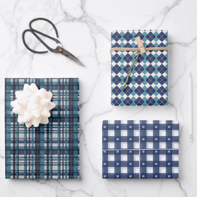 Feuille De Papier Cadeau Assortiment carreaux bleus d'hiver (Recto)