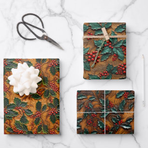 Feuille De Papier Cadeau Assortiment en cuir à outils Holly et Berries