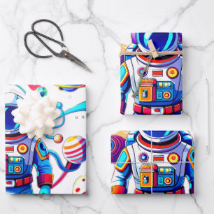 Feuille De Papier Cadeau Astronaut coloré et Univers en couleurs vives