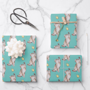 Feuille De Papier Cadeau Atteinte de chats pour papillon jaune sur Turquois