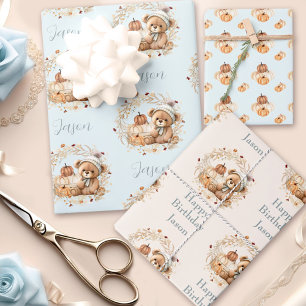 Feuille De Papier Cadeau Automne Anniversaire Garçon mignon Ours Citrouille