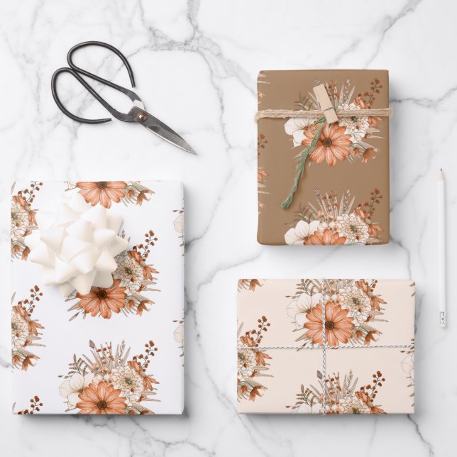 Feuille De Papier Cadeau Automne Florales Motif Crème blanche or Thanksgivi (Recto)