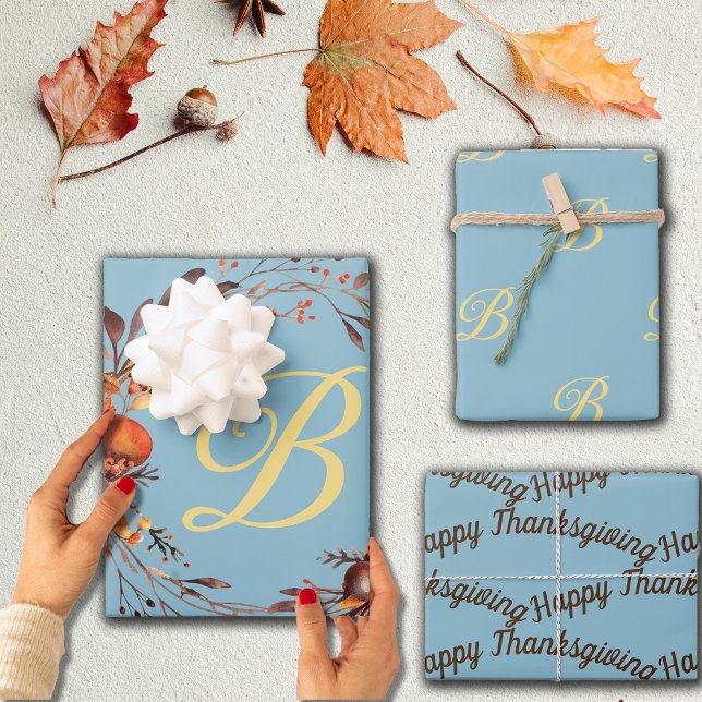Feuille De Papier Cadeau Automne Flores Rustiques Monogramme sur mesure Ini (Créateur téléchargé)