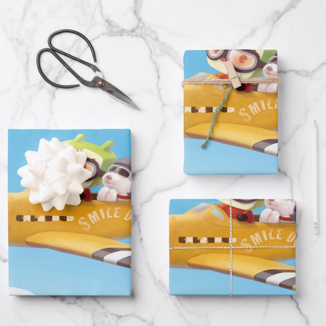 Feuille De Papier Cadeau Aventure en vol avec chien (Recto)