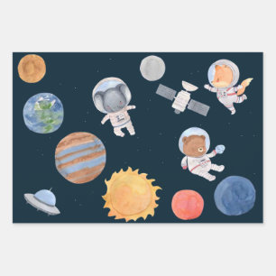 Feuille De Papier Cadeau Aventure spatiale : Planètes et animaux Astronaute