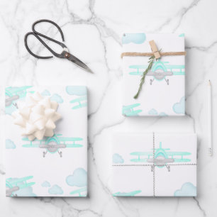 Feuille De Papier Cadeau Avion Bleu Enfants Vol Aéronautique Anniversaire