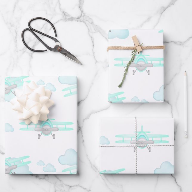 Feuille De Papier Cadeau Avion Bleu Enfants Vol Aéronautique Anniversaire (Recto)