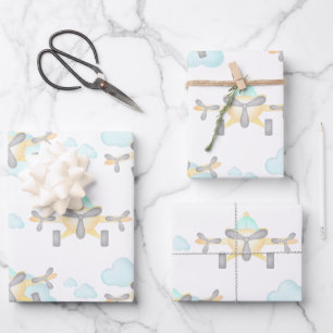 Feuille De Papier Cadeau Avion Jaune Enfants Vol d'aviation Anniversaire