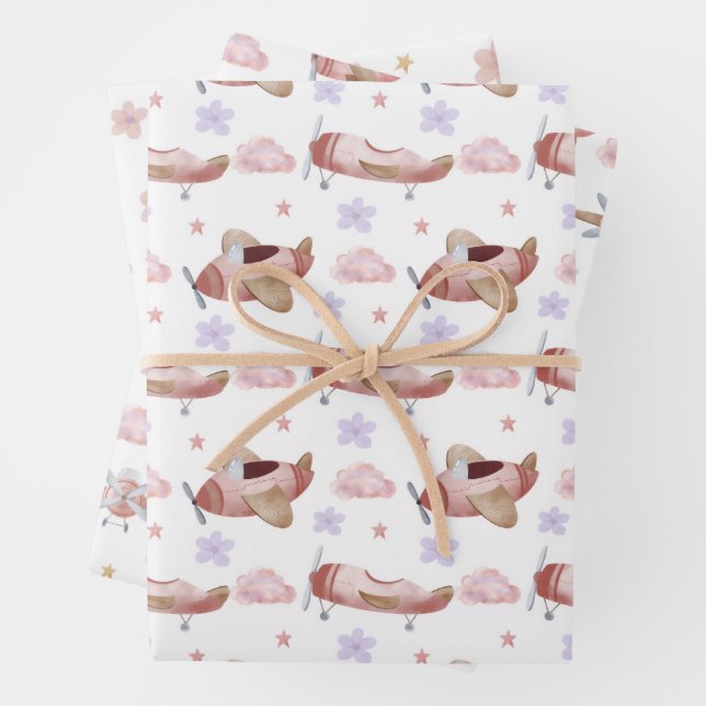 Feuille De Papier Cadeau Avion rose aquarelle (En situation)