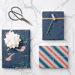 Feuille De Papier Cadeau Axolotal mexicain rose et bleu marine