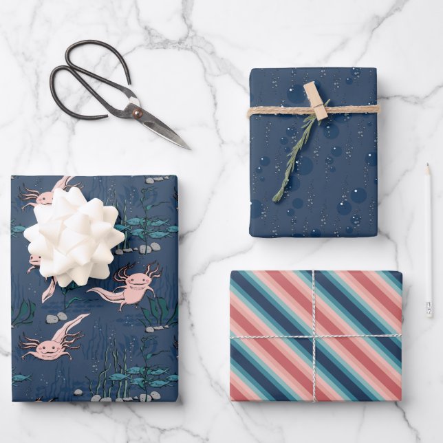 Feuille De Papier Cadeau Axolotal mexicain rose et bleu marine (Recto)