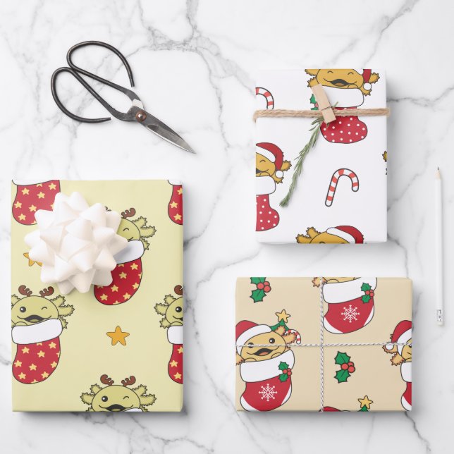 Feuille De Papier Cadeau Axolotl Noël Animaux d'hiver (Recto)