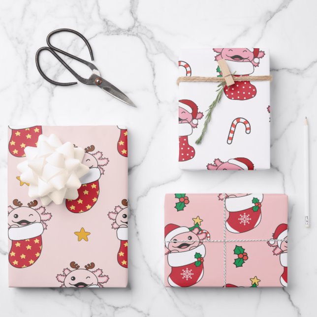 Feuille De Papier Cadeau Axolotl Noël Animaux d'hiver (Recto)