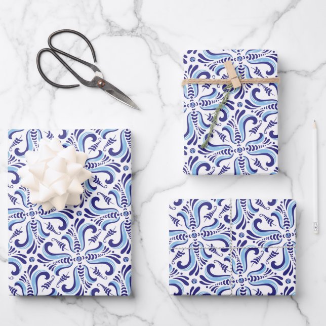 Feuille De Papier Cadeau Azulejos Motif Floral Bleu (Recto)