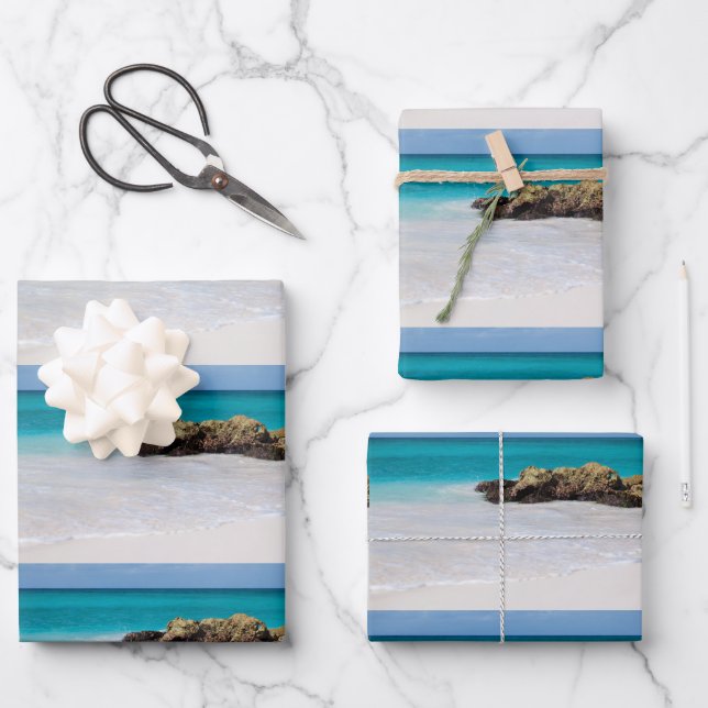 Feuille De Papier Cadeau Azure Ocean Sandy Beach Motif photo (Recto)