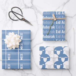 Feuille De Papier Cadeau Baby Blue Eid Adha Mubarak Kaaba Sheep Motif