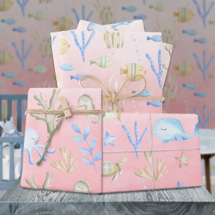 Feuille De Papier Cadeau Baby Blue Whale Octopus Seahorse Sous La Mer Rose