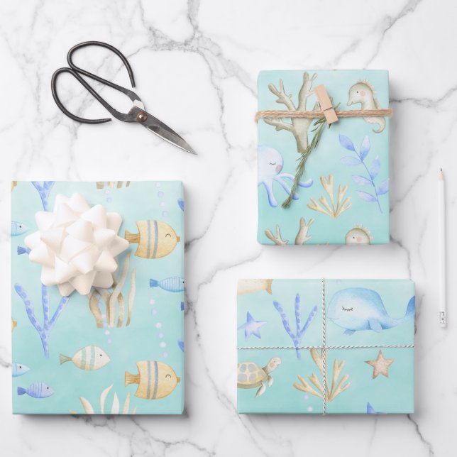 Feuille De Papier Cadeau Baby Blue Whale Octopus Seahorse Under Sea Aqua (Recto)