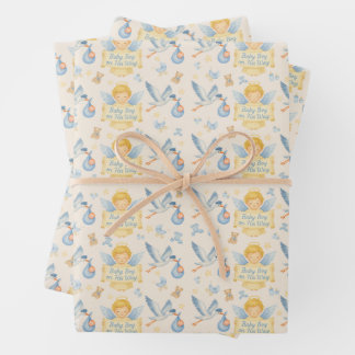 Feuille De Papier Cadeau Baby Boy Arrival Angel Stork Faire-part