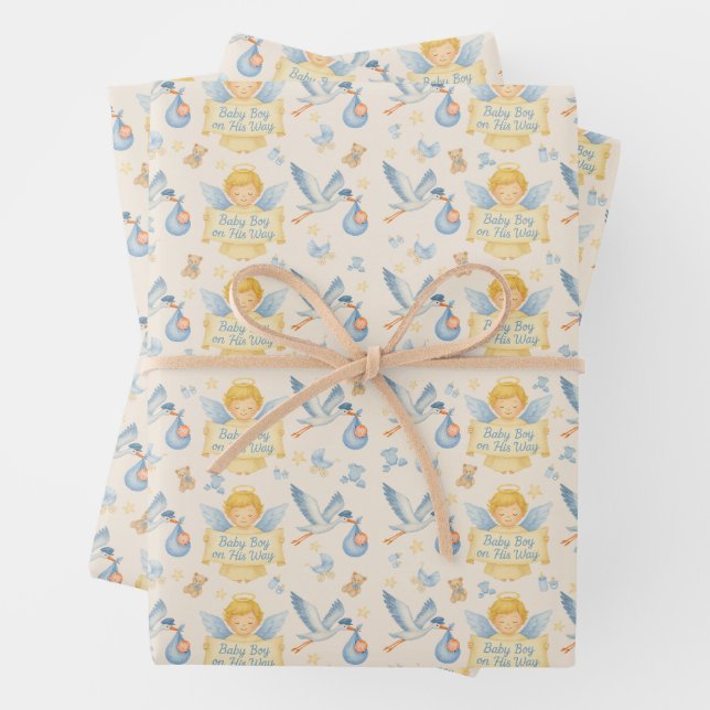 Feuille De Papier Cadeau Baby Boy Arrival Angel Stork Faire-part (En situation)