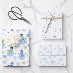 Feuille De Papier Cadeau Baby Boy Blue Christmas Snowmen and Snowflakes
