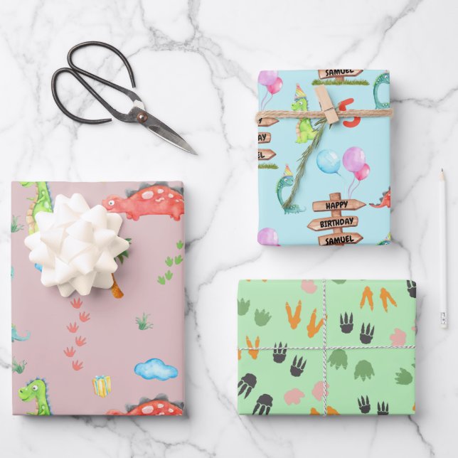 Feuille De Papier Cadeau Baby Boy Dinosaur Nom et âge personnalisés (Recto)