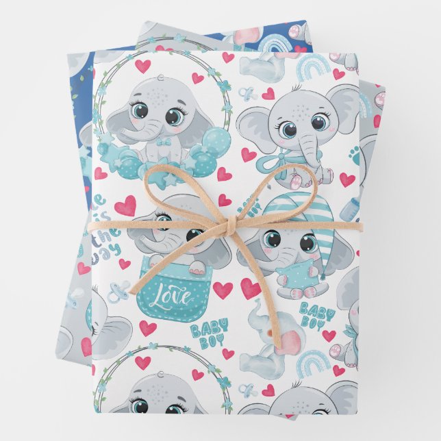 Feuille De Papier Cadeau Baby Boy Elephant Cute Blue Baby Shower Baptism  (En situation)