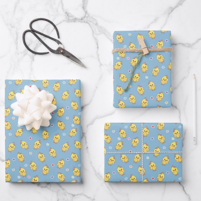 Feuille De Papier Cadeau Baby Chicks Farm Animal Cute Kawaii Pattern Blue (Recto)