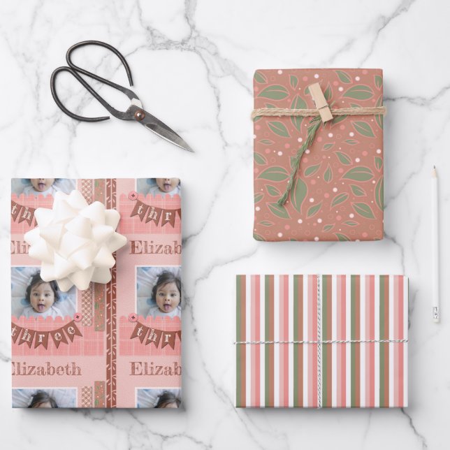 Feuille De Papier Cadeau Baby Girl 3e anniversaire Pink Scrapbooking (Recto)