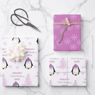 Feuille De Papier Cadeau Baby Girls First Christmas Winter Penguin rose